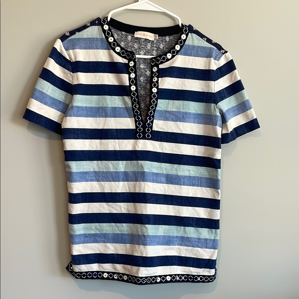 Tory Burch Striped Embroidered Linen Top - Picture 11 of 11